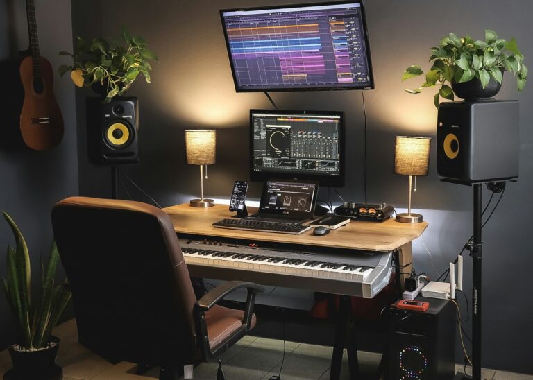 Kompozitorius namų studijoje kuria filmo muziką prie klaviatūros ir monitorių