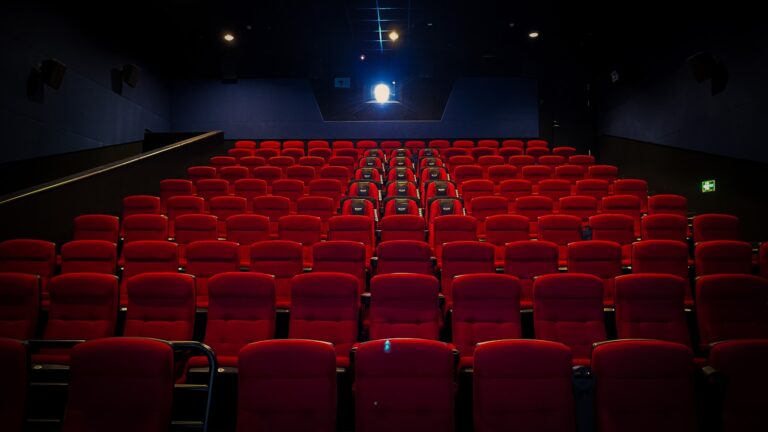Tuščios kino salės kėdės ir ekranas prieš prasidedant seansui